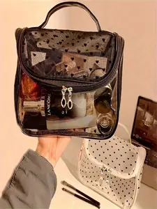 Large Capacity Transparent Mesh Travel Makeup Bag, Heart Pattern, Portable Washable Storage Pouch, Unisex, Essential for Daily Use & Travel