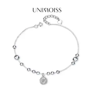 UniMoiss Moissanite Halo Beaded Copper Bracelet Silver-Plated Perfect Birthday Engagement Wedding Anniversary Gift