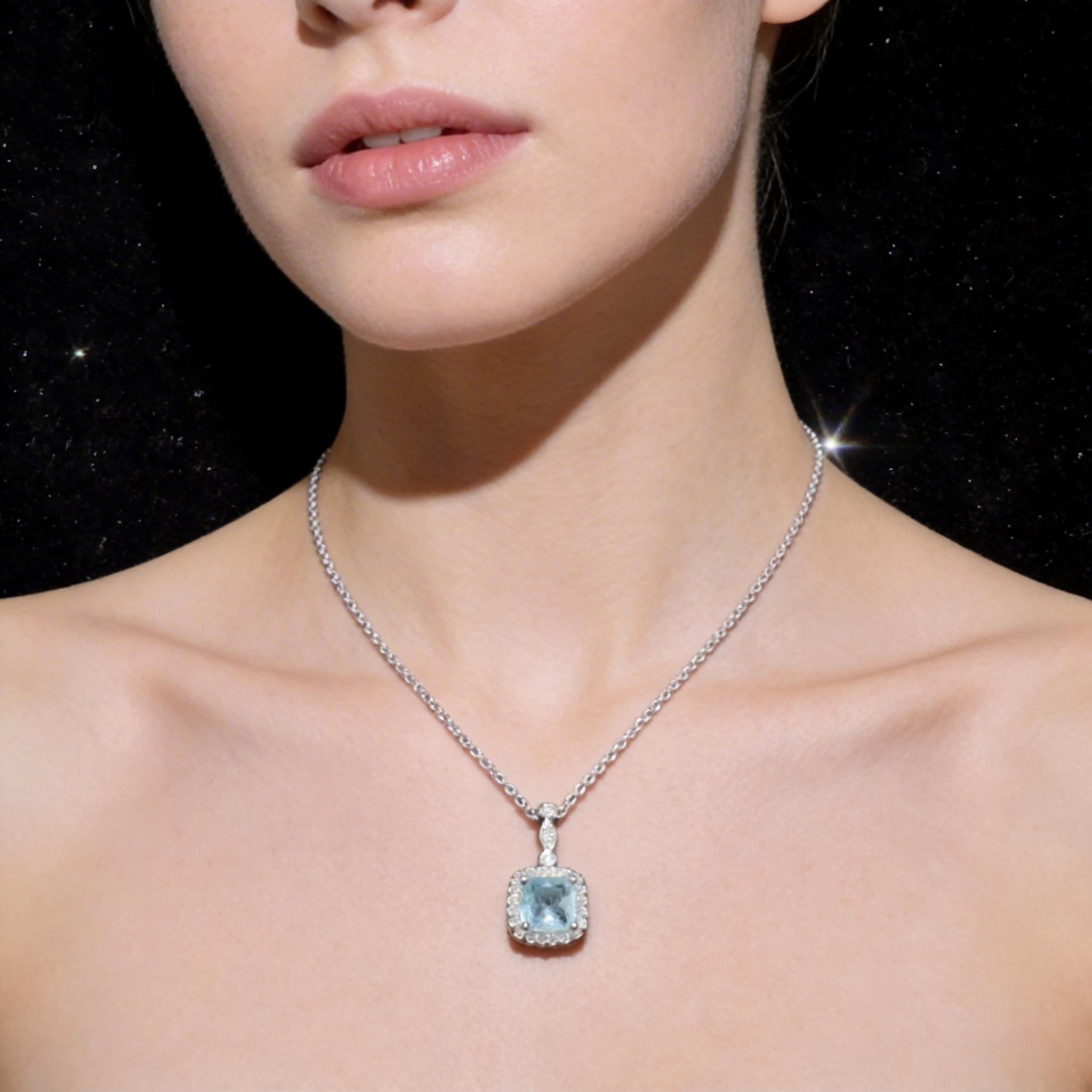Dainty Hypoallergenic Blue Gemstone Necklace, CZ Halo, Perfect for Daily/Date, a Thoughtful Gift  Sensitive Skin-Safe Aquamarine Necklace, Adjustable Chain, a Surprise Gift for Anniversary/Prom