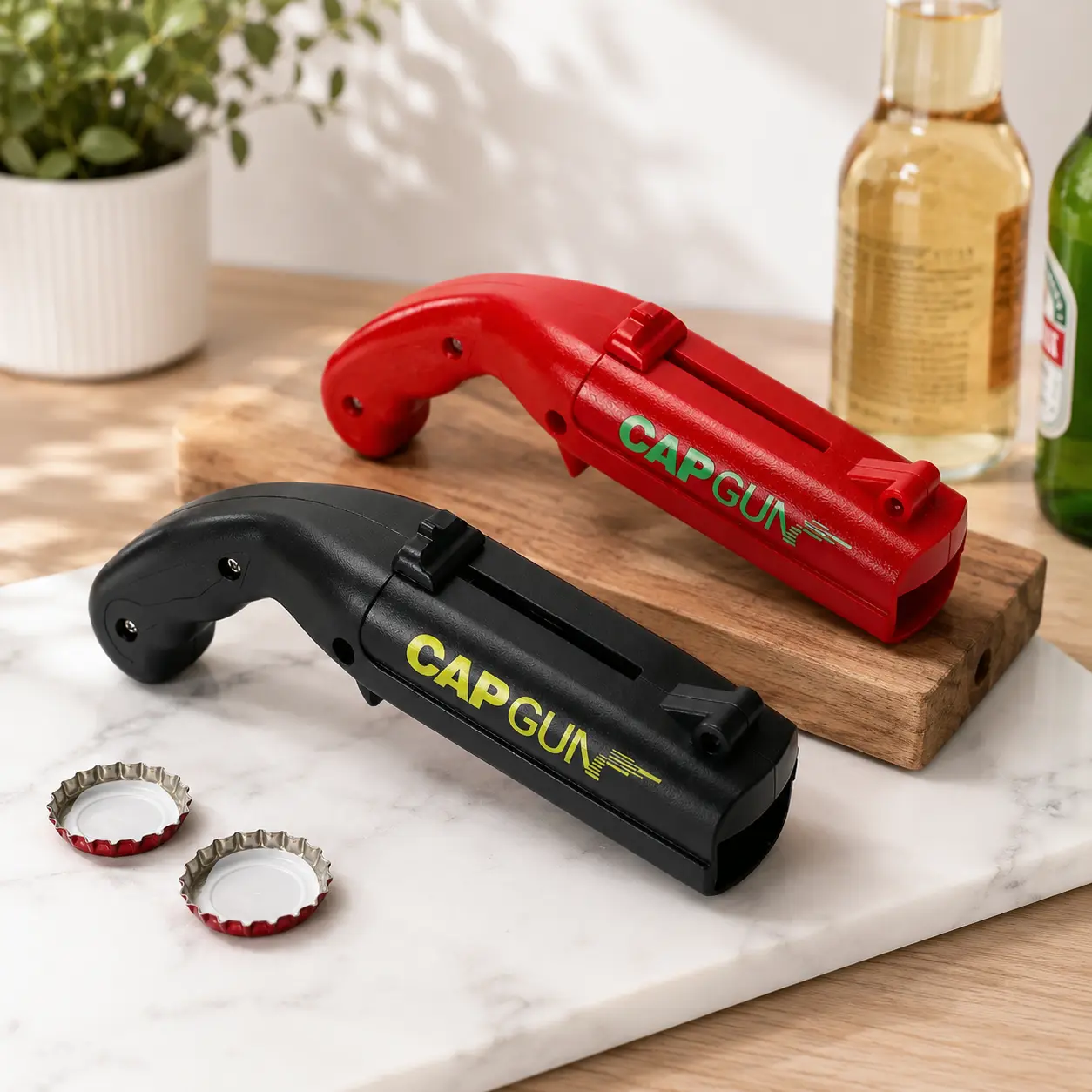 2-Pack Bottle Cap Launcher with Spring Launch Mechanism - Beer Bottle Opener Shooter, 2pcs Bar Utensil Gag Gift for Parties, Men
