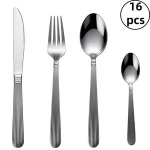 16Pcs Vertical Ribbed Handle Stainless Steel Cutlery Set, Mirror Polished Flatware Silverware with Knife Fork Spoon Dessert Spoon, Rustproof Dishwasher Safe Tableware for Home Kitchen, Family Meals & Holiday Gifts