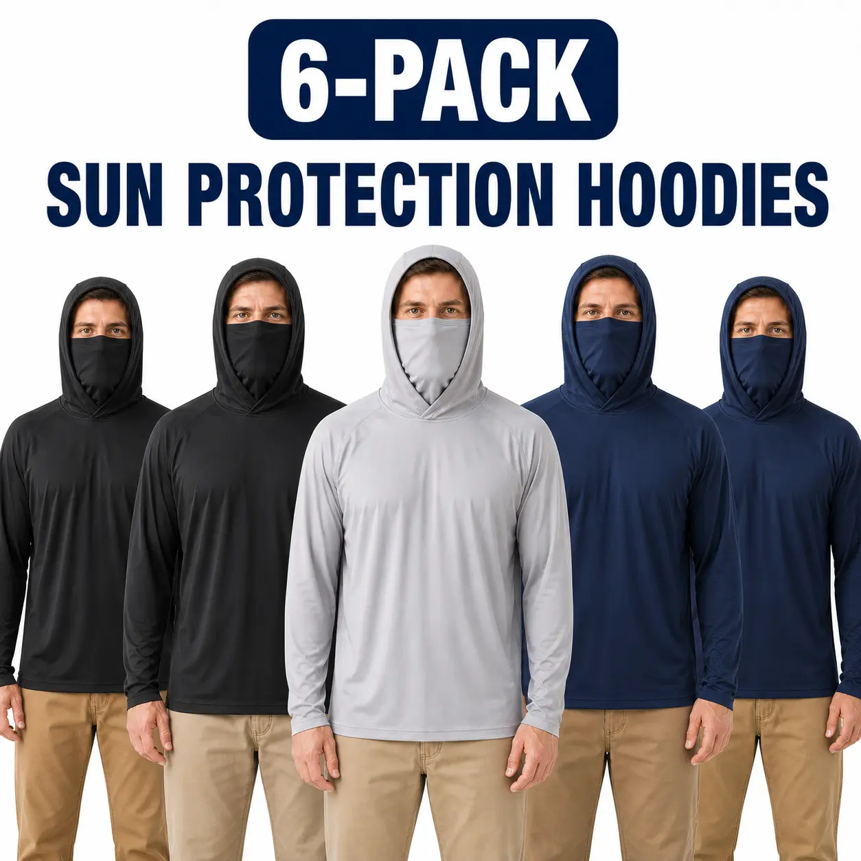 Men's 3-Pack & 6-Pack Hooded Outdoor Work Shirts with Built-In Face Cover, UPF 50+ Quick-Dry Long Sleeve Shirts for Landscaping and Construction