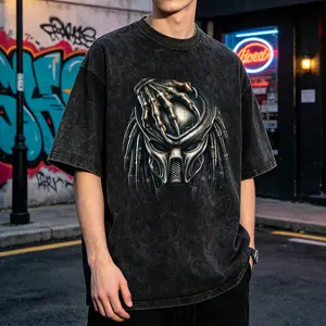 Predator Mask Design Men's Vintage Washed T-Shirt Predator Helmet Design Print Oversized Graphic Tee Outdoor Casual Short Sleeve