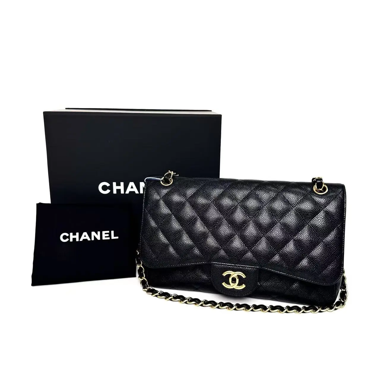 Pre-owned CHANEL Classic Jumbo Flap Bag, Black Caviar Leather, Light Gold Hardware Base Length