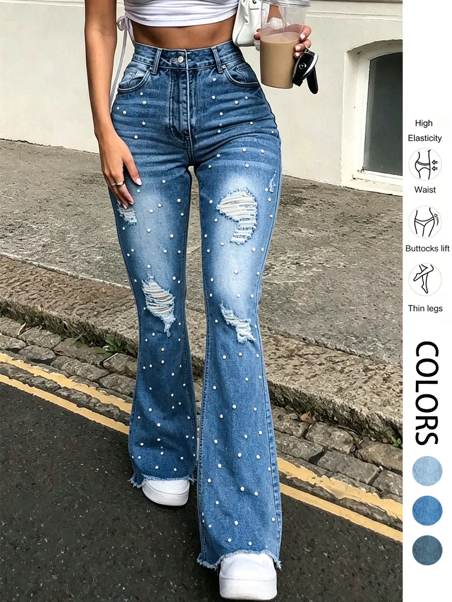 Women's High Waist Stretchy Pearl Studded Distressed Slim Fit Flare Crop Jeans - Elastic Ripped Frayed Hem Pants, Jeweled Cotton Polyester Spandex Fabric, Fashion Evening Casual Streetwear Bottoms, Basic, Bedazzled Jeans, Skinny, Elastic Waist, Tops