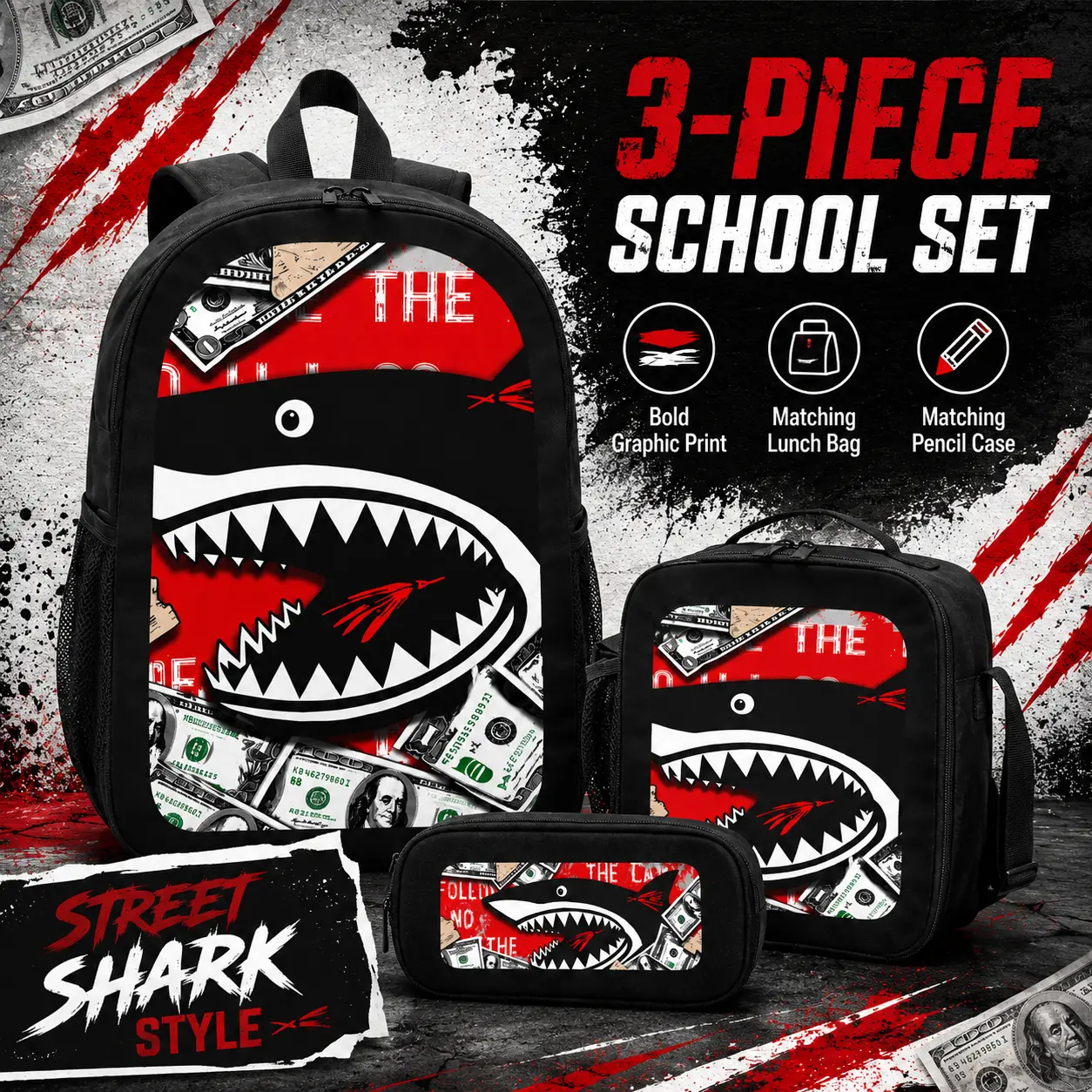 Hip hop Urban Street Style Hip Hop Graffiti Shark Mouth Backpack Set - 3PCS Lightweight School Daypack with Lunch Box & Pencil Case for Teens Kids, Trendy Streetwear Gift