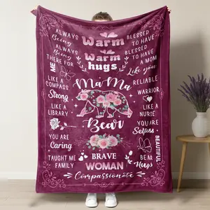 Mother's Day "Mama Bear Warm Hugs" Floral Print Soft Fleece Blanket,Heartfelt Mom Appreciation Cozy Throw with Brave & Compassionate Quotes, Perfect Mother's Day Gift for Strong Women & Mama Bear Lovers For Sofa Bedroom Dorm Couch Office