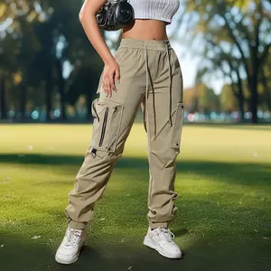 Women's high-waist wide-leg cargo pants-casual fashion, soft polyester, drawstring elastic waist, multi-pocket design, comfortable for all seasons, back belt, all seasons cargo  pants  women