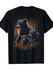 Black Bear Family Graphic T-Shirt| Nature Wildlife Forest Animal Print Tee for Men Women, Casual Daily Wear, Breathable, Comfortable Fit, Beach Camping, Outdoor, Sports, Elegant Crew Neck, All-season, Vintage Style, Regular Fit