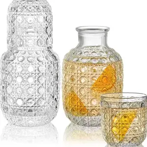 Glass Bedside Water Bottle Set, Elegant Embossed Glass Cup with Lid, Vintage Light Luxury Drinkware, 2-in-1 Cup & Lid, Suitable for Bedroom, Guest Room, Office, Bathroom, Travel, Gift Idea, Clear Reusable BPA Free Heat Resistant Modern Home Essentials