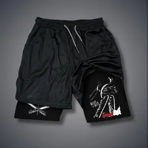 Chainsaw Man 80s 90s Double-Layer Sports Shorts Graphic Shorts Black Camo Streetwear Shorts Men Outfits Men Vacation Outfits Shorts