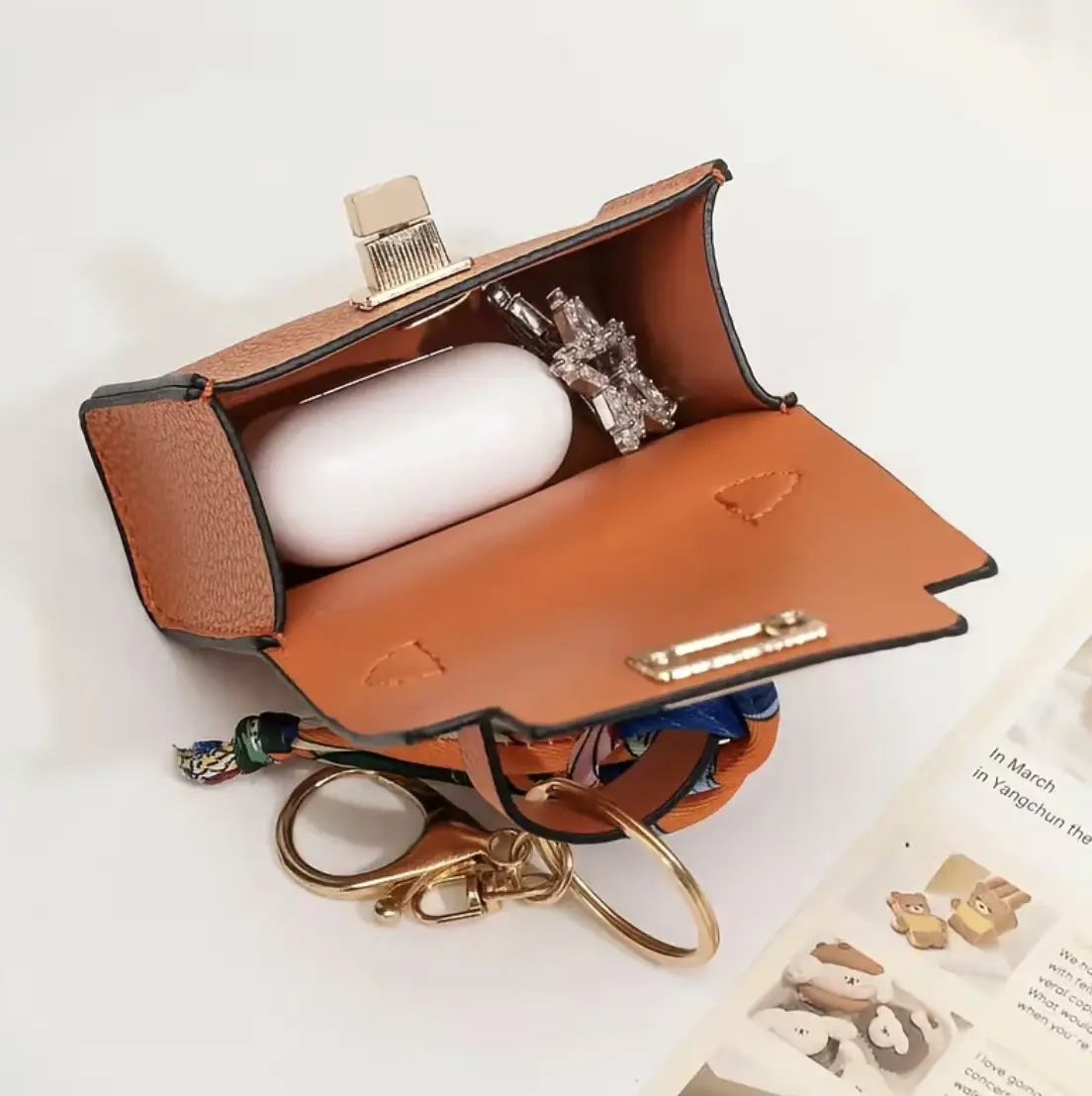 Cute Lightweight Platinum Mini Square PU Leather Keychain Wristlet - Durable Bag Charm with Bright Strap, for Purse, Phone Straps, Earphones Storage, Lipstick Holding, Ideal for Friends