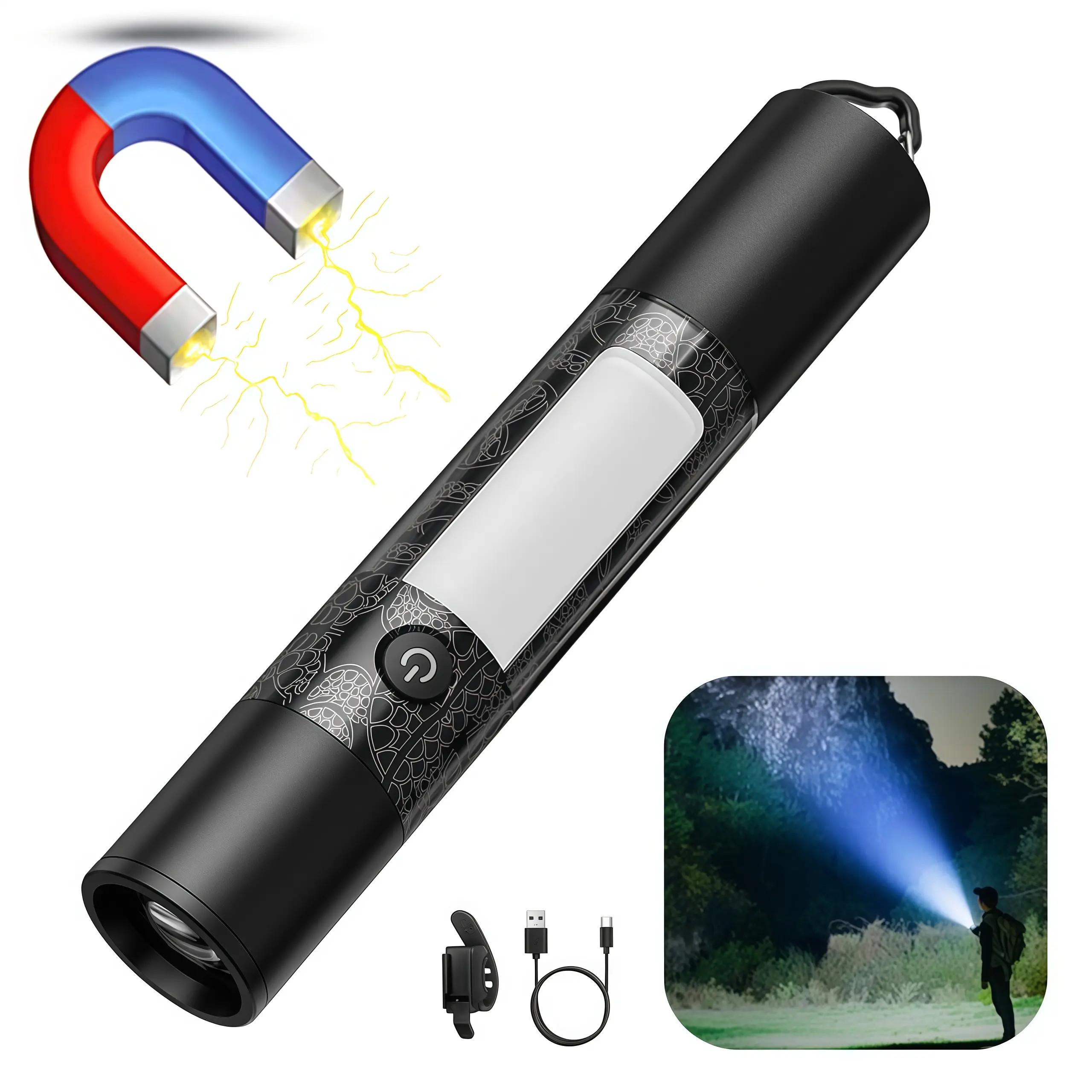 GZXIHTZ 4-in-1 Tactical Flashlight, Rugged Compact 1000 Lumens Adjustable LED Torch, USB Rechargeable with Magnetic Base, Window Breaker & Seatbelt Cutter for Camping and Emergencies