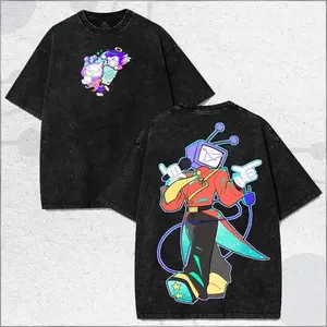 Vintage Washed Black T-Shirt with Friday Night Funkin Retro Cartoon & Cyberpunk Art Design, Casual Loose-Fit Short Sleeve Tee, Unisex Fashion Streetwear for Men Women, Ideal for Y2K & Alt Anime Style