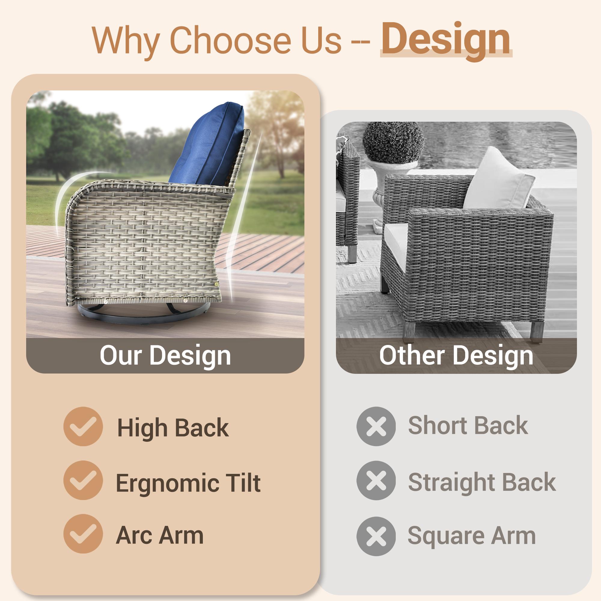 CAODOC Patio Swivel Rocking Chair Set, 3 Piece Outdoor Wicker Rattan Furniture with High Back Chairs, Thick Cushions and Side Table for Garden Porch Deck