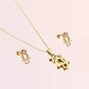 Stainless Steel Owl Necklace and Earring Set for Women
