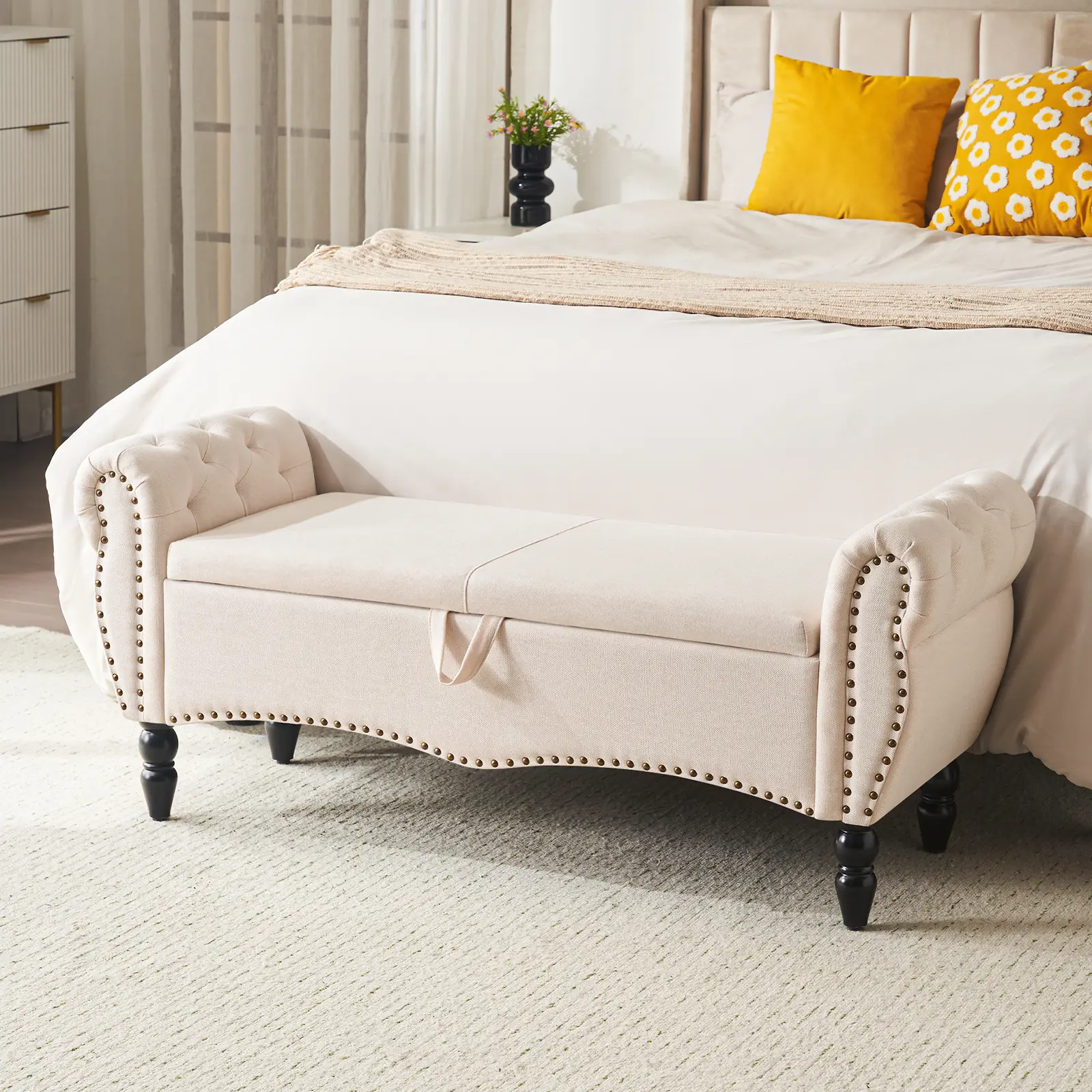 Furnimart Wooden Storage Bench with Rolled Arms and Footrest, 2.5 Cu Ft Hidden Space for Queen Size Bed, Upholstered End of Bed Stool for Entryway Bedroom Living Room