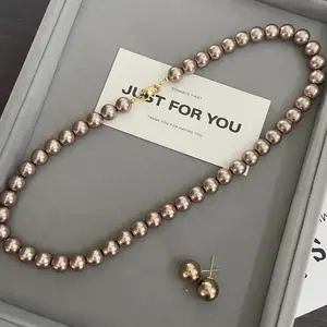 Elegant Brown Saltwater Pearl Necklace with Earrings Set - Vintage Style, Stainless Steel Stud Earrings for Weddings and Everyday Gorgeousness-TYGV