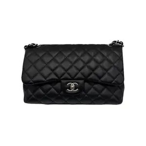 Pre-owned CHANEL hz8 Black and Silver Calfskin CF Jumbo Crossbody Bag 61895