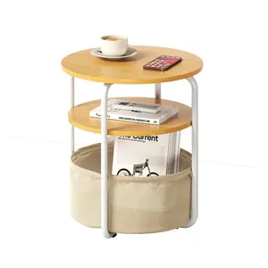 Small Round Side Table with Storage Bag, 3-Tier Accent Round End Table with Storage Functions for Living Room, 23.6" h Vintage Smalls Corner Table for Small Spaces Nightstand Bedroom