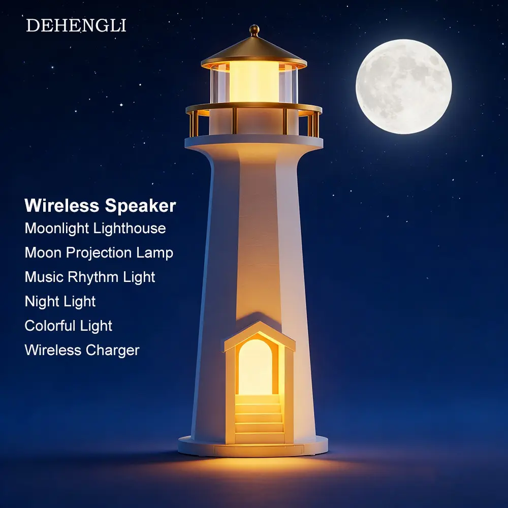 Lighthouse Moon Projection Lamp with Music Rhythm Lights, Music Sync Lights, Wireless Speaker, Phone Charging, Night Light, Home Decor, Holiday Atmosphere Gift