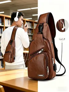 Men's USB Charging Sling Crossbody Bag, Brown Leather Adjustable Chest Pack with Earphone Hole, Multi-Pocket Portable Shoulder Bag for Cycling, Sports Events & Live Concerts