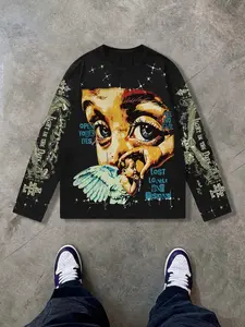 Men's Retro Art Graphic Geometric Long Sleeve Shirt, Oversized Loose Fit Streetwear T-Shirt, Sporty Slim-Fitting, Spring & Fall Fashion