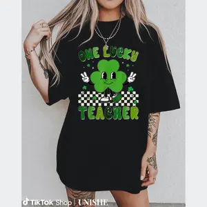 St. Patrick’s Day Classroom T-Shirt for Teachers with Retro Checkerboard and Clover Art