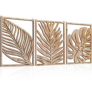 3PCS Tropical Wall Art, Wall Art Decor Leaf Sign Wall Vintage Tropical Plant Wall Rustic Palm Leaf, Modern Wooden Wall Sculptures for for Living room, Bedroom, Office, Wood Decor Accents, Home Decorations(16.5x 12.6x0.2in)