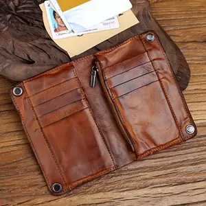 Vintage Vegetable-Tanned Leather Handmade Wallet for Men, Genuine Leather Zippered Bag with Multiple Card Slots, Crafted from Top Layer Cowhide with a Distressed End And Large Capacity