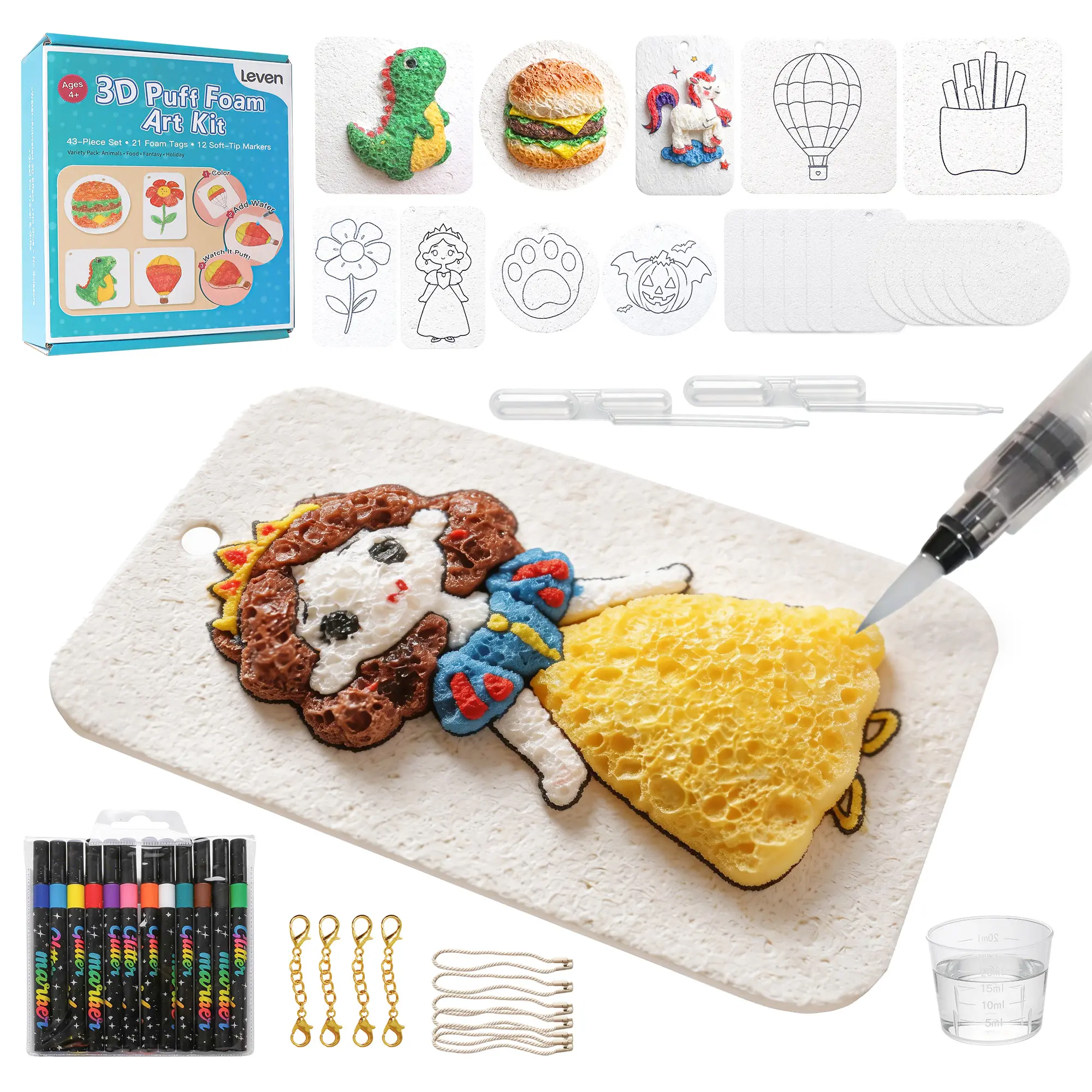 Leven 3D Magic Foam Craft Kit for Kids 4+ - Vibrant DIY Kit with Textured Paper, 12 Markers, Water Brush, Pre-Cut Foam Shapes, Sensory Toys, STEM Education Gift, Boy-Friendly Decoration, Gifts for Girls