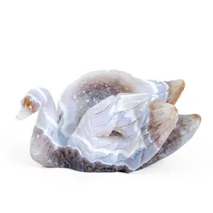 Druzy Agate Swan Carving – Hand-Carved Natural Stone (medium-sized, 1000g-1200g)