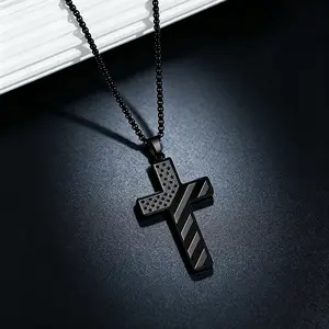 Men’s Cross Necklace – A chain-style pendant featuring the American flag, crafted from two-tone stainless steel and silver,  an inspirational piece designed specifically for men, a practical accessory with a casual style jewelry dad gift