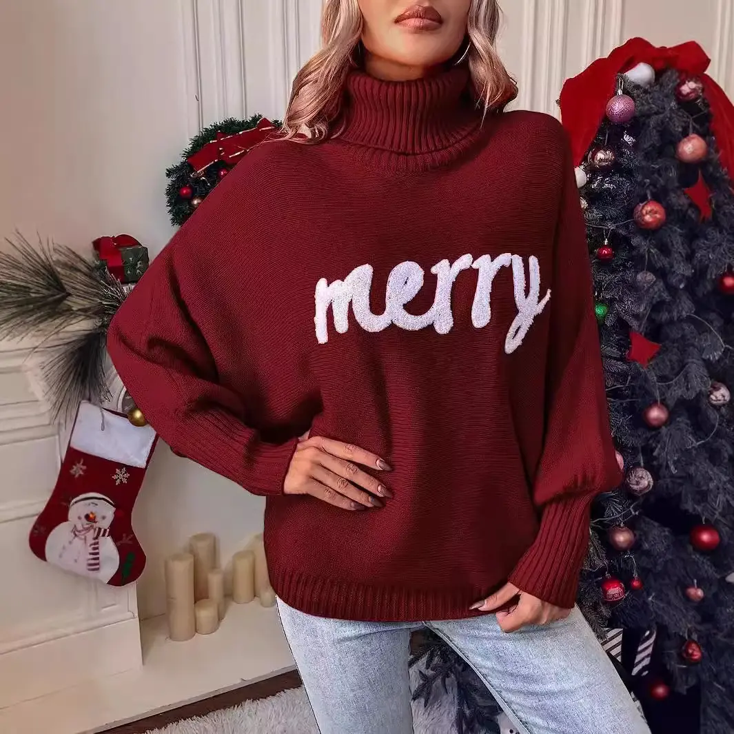 Women's Autumn Winter Sweater Loose High-Neck Bat-Sleeve Knitted Stylish Design Cozy Versatile for Cooler Seasons Dark Green Turtleneck Casual Knitwear Tops