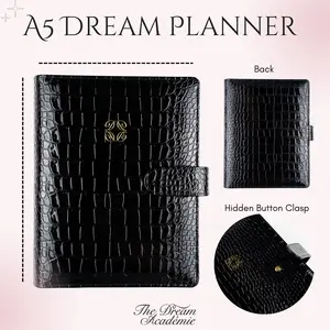 Black Croc A5 Planner | Glossy Vegan Leather 6-Ring Binder with Inserts, Pen & Vision Board