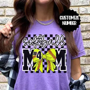 Personalized Softball Mom Shirt with Custom Number, Retro Game Day Tee, Coquette Bow Graphic T-Shirt, Sports Mom Gift Idea, Softball Season Shirt - AMBER
