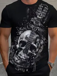 Cool Skull Guitar Pattern Men's Short Sleeve T-Shirt, Fitted, Streetwear, Trendy Unique Print Design, Versatile Fashion Piece, Casual All Seasons Wear