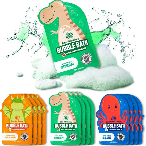 Tub Works Dino Theme Bath Bubble Pouches - 12 Packs, Wild Watermelon Scent, Paraben-Free, Non-Toxic, No-Stain, Unisex Dermatologist-Tested Kids' Bath Toys, Color-Changing Bubbles, Easy Cleanup, Easter Basket/Birthday Stocking Stuffers