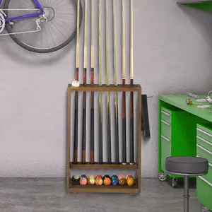 Burnt Brown Wood Freestanding Billiards Accessories Rack, Floor Standing Pool Cue Holder, Ball Shelf, and Triangle Hook