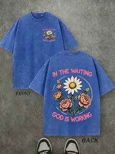 Men's Vintage Oversized Short-Sleeve Tshirt - Floral Graphic, Inspirational Pink 'IN THE WAITING'/'GOD IS WORKING' Quotes, Eye-Catching Front Flower, Large Back Arrangement, Everyday Fit Casual Wear for 250 Years of Ameri