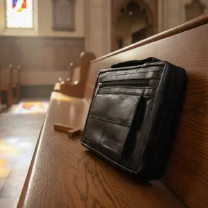 Black Genuine Leather Bible Book Cover Case Zippered Organizer Medium Size