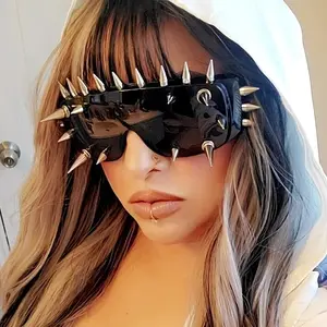 Fashion Punk Studded Shield Glasses for Men and Women, Anti-Glare Sharp Spiked Plastic Frame Design, Unique Spooky Halloween Costume Accessories