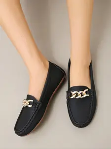 Rhinestone & Chain Decor Litchi Embossed Loafers Women, Khaki Fashionable Rhinestone Ballet Flats With Metallic Chain Decoration