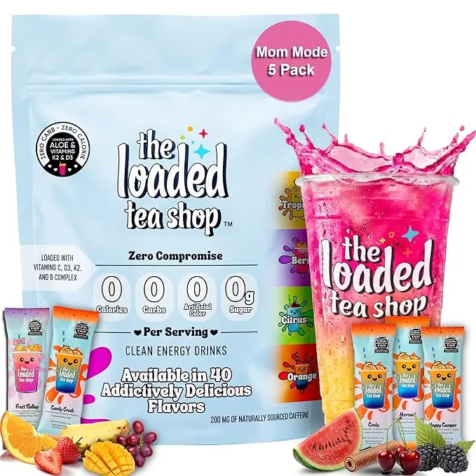 The Loaded Tea Shop Energy Drink Mix Sticks, Mom Mode Collection 5 Pack, Sugar-Free, Zero Calories, 200mg Natural Caffeine, No Artificial Colors/Flavors, Powder Packets w/ B Vitamins - Energy Drink Alternative