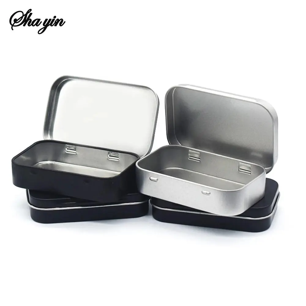 Metal Rectangular Mini Tin Canister - Hinged Tinplate Storage Organizer for Candies, Pills - Empty Push-Top Small Containers