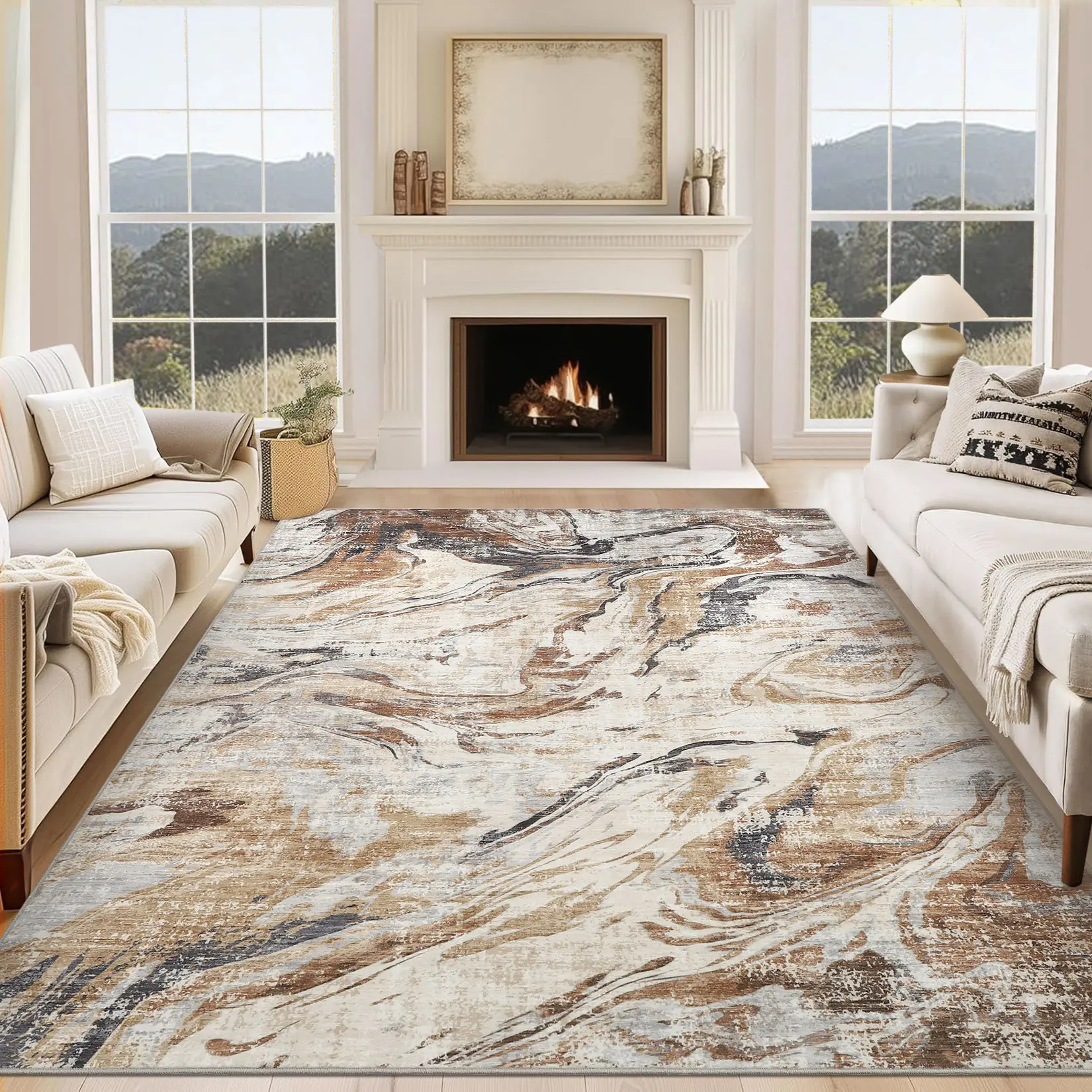 Washable Modern Abstract Living Room Bedroom Rugs, Indoor Contemporaray Area Rug with Non Slip Back Low Pile Ultra Thin Throw Carpet Mat for Dining Room Office Home Decor Rugs