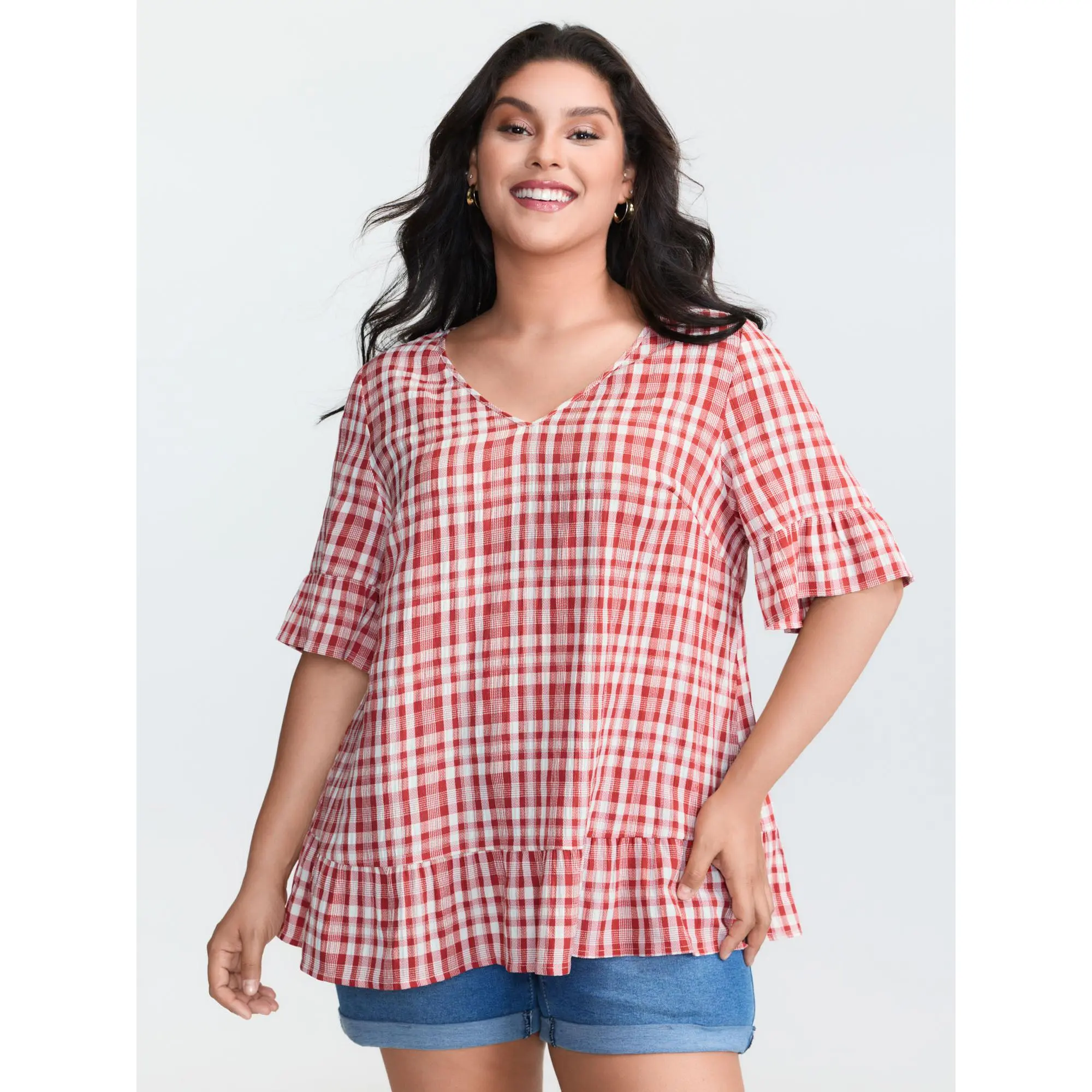 BloomChic Women's Plus Size Crimson Plaid Casual Blouse Top, Smooth Polyester-Spandex-Rayon Blend, Ruffled V-Neck, Bell Half Sleeves, Gathered Detail, Regular Fit & Length, Summer Wear, Machine Washable, Do Not Tumble Dry, Tops