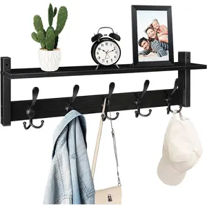 Coat Rack with Shelf, 24" Coat Hooks Wall Mounted with Shelf, Wooden Hanging Coat Hanger with Tri Hooks for Entryway, Bathroom, Mudroom, Bedroom, Black