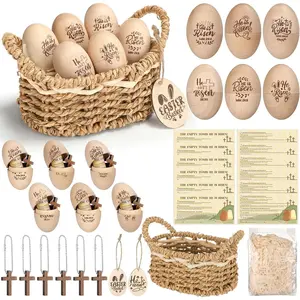 21 Pcs Resurrection Wooden Easter Egg Christian Easter Basket Stuffers He Is Risen with Empty Tomb Prayer Card Rattan Basket Religious Table Centerpiece for Home Tiered