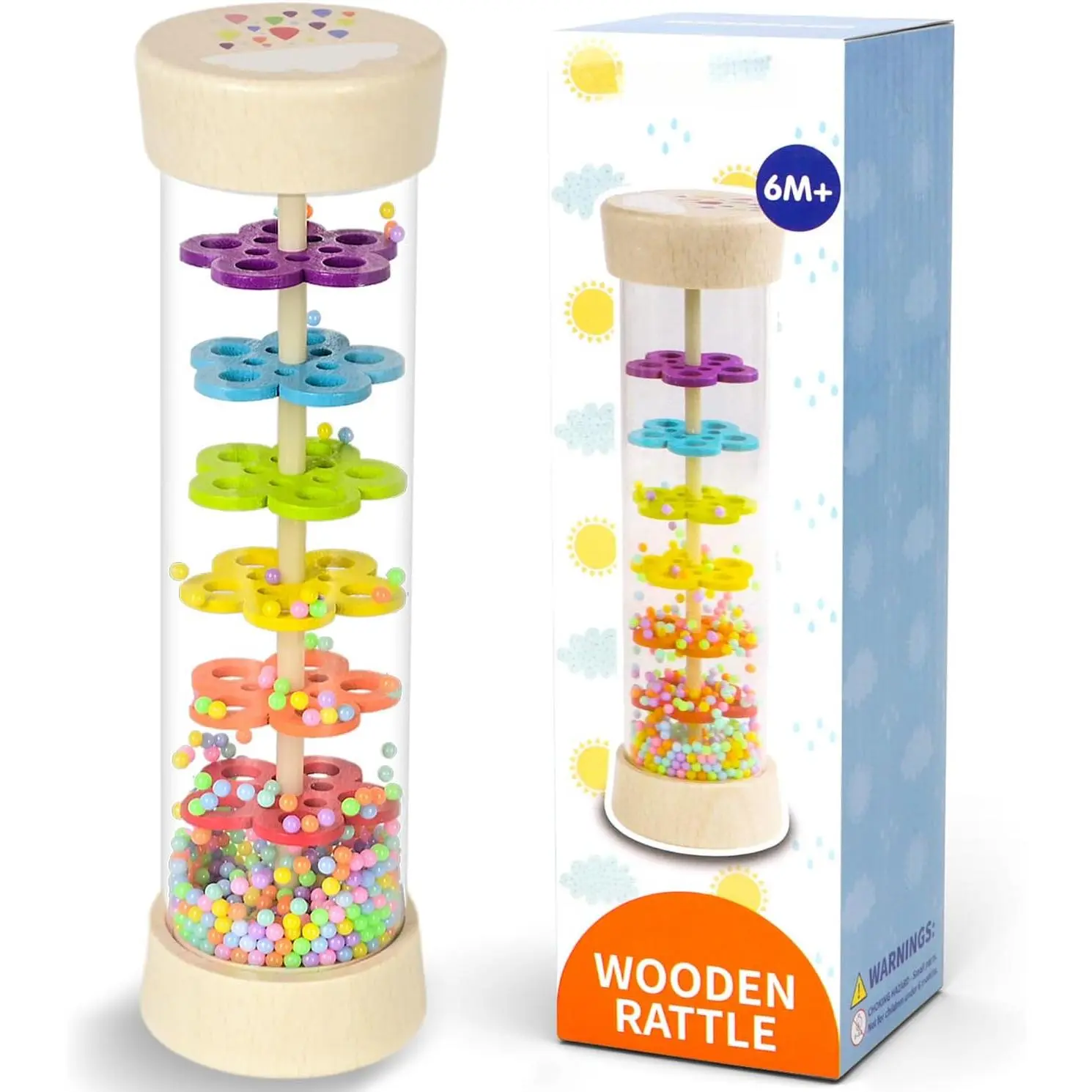 Wooden Baby Rattle Sensory Rainmaker - 7.7 inches Infant Musical Early Education Toy, Gifts for 6m+ 6-9 Months 1-Year-Old Newborn Boys Girls Toddlers
